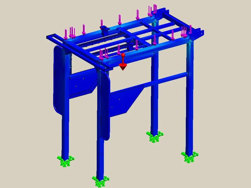 FEA: von Mises stress, 1500 kg distributed — 97.84 MPa peak