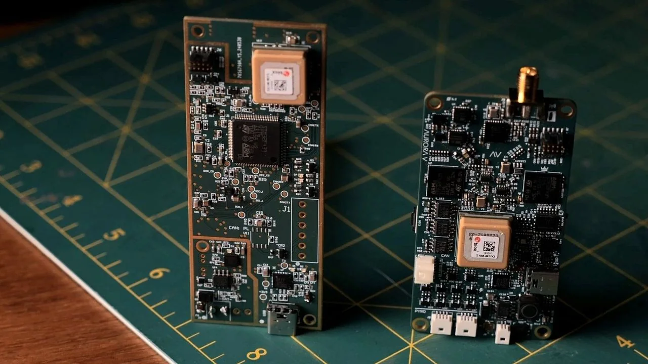 Two assembled GPS tracker boards on a cutting mat