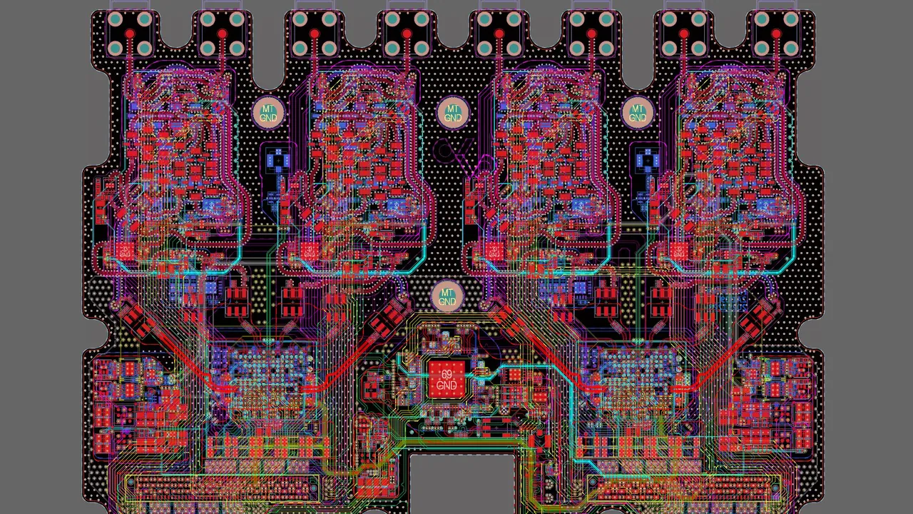 A dense multi-layer PCB layout with four repeated channels