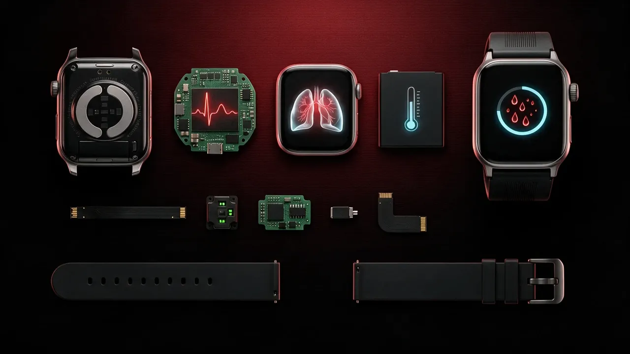 A smartwatch laid out in parts: case, boards, sensors, battery and straps